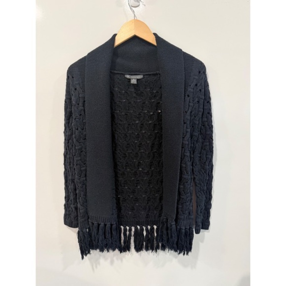 INC International Concepts Womens Black Cable Knit Fringe Shawl Cardigan Size S